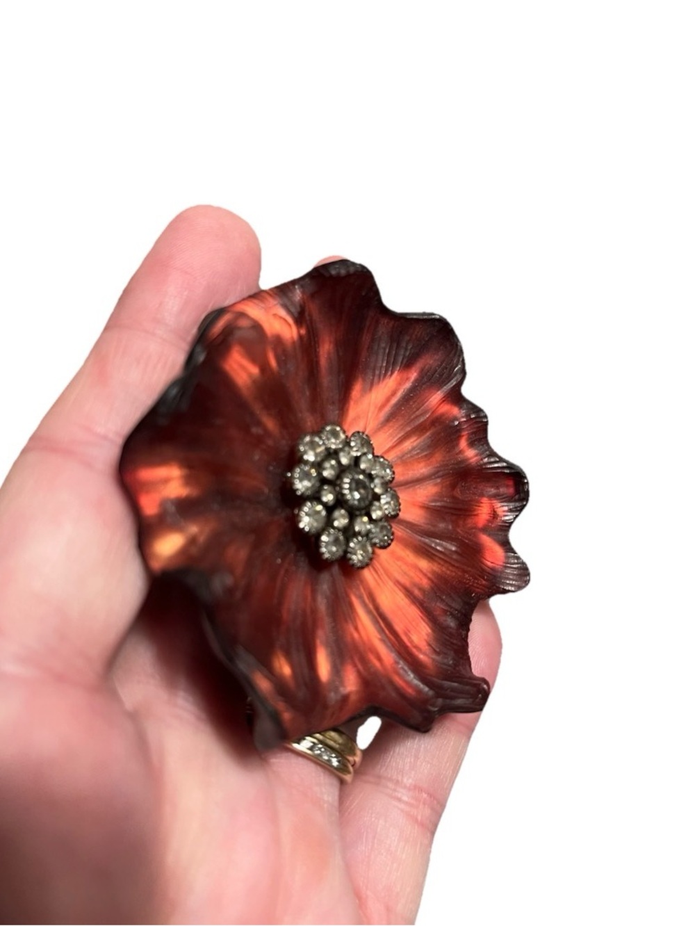 Alexis Bittar Red Orange Maroon Georgian Flower Rhinestone Brooch Pin
